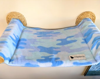 Cat Hammock, Cozy Cat Bed - Unique Cat Gift for Cat Lover, Wall Mounted Cat Shelf, Perch - Pastel Blue Camouflage