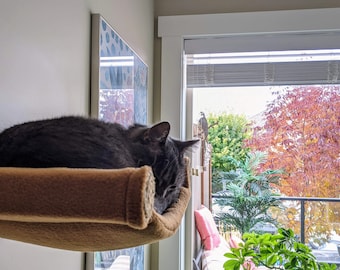 Cat Hammock, Cat Tree, Cozy Cat Bed - Unique Gift for Cat Lover, Wall Mounted Cat Shelf, Perch with Two Sisal Scratching Steps - Caramel