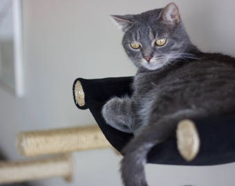 Cat Hammock, Cat Tree, Cozy Cat Bed - Unique Gift for Cat Lover, Wall Mounted Cat Shelf, Perch, Cat Hammock with Two Sisal Steps - Black