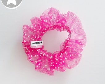 Pink & White Dot Netting Scrunchie / Polka Dot Scrunchie / Hot Pink Lace Scrunchie / Hot Pink Polka Dot Scrunchie / Pink Netting Scrunchie