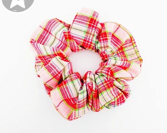 Pink and Green Plaid Scrunchie / Pink Plaid Scunchie / Christmas Plaid Scrunchie / Pastel Plaid Scrunchie / Watermelon Plaid Scrunchie