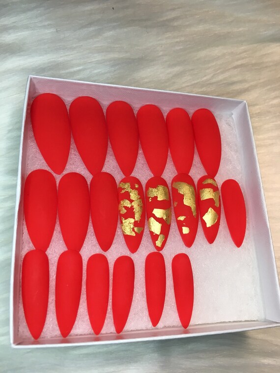 Matte Red Fake Nails Gold Foil Press On Nails Faux Nail Set Etsy