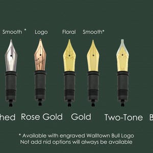 May include: A range of fountain pen nibs in finishes such as polished, rose gold, gold, two-tone, and black. Each nib has a black base and is labelled with its finish. The image also includes the text "Floral", "Smooth", and "Logo".