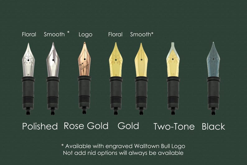 May include: A range of fountain pen nibs in finishes such as polished, rose gold, gold, two-tone, and black. Each nib has a black base and is labelled with its finish. The image also includes the text "Floral", "Smooth", and "Logo".