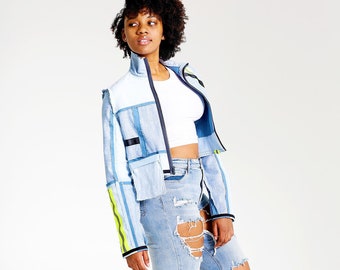 De-Constructed Reversible Denim Jacket, Women’s Denim Jacket, Women’s streetwear, Women’s Blue Jacket, Cropped Denim Jacket, Spring Jacket.