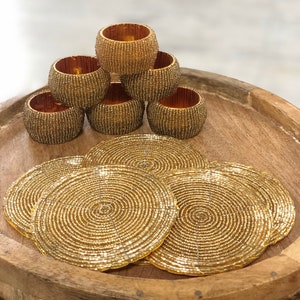 Set di anelli per tovaglioli e sottobicchieri con perline fatti a mano, accessori per la tavola da pranzo, tazza e bicchiere regalo decorativo per inaugurazione della casa, decorazione da tavola rotonda, oro