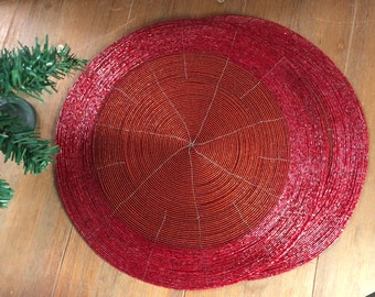 Handmade Beaded Placemats Halloween Harvest Autumn Fall Holiday Christmas Xmas Dining Festive Party Table Décor 14 inch Round - Red