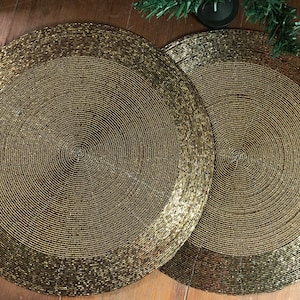 Handmade Beaded Charger Placemats, Housewarming Gift Set, Dining Festive Party Table Décor 14 inch Round - Dark Gold, Set of 4/6 and more