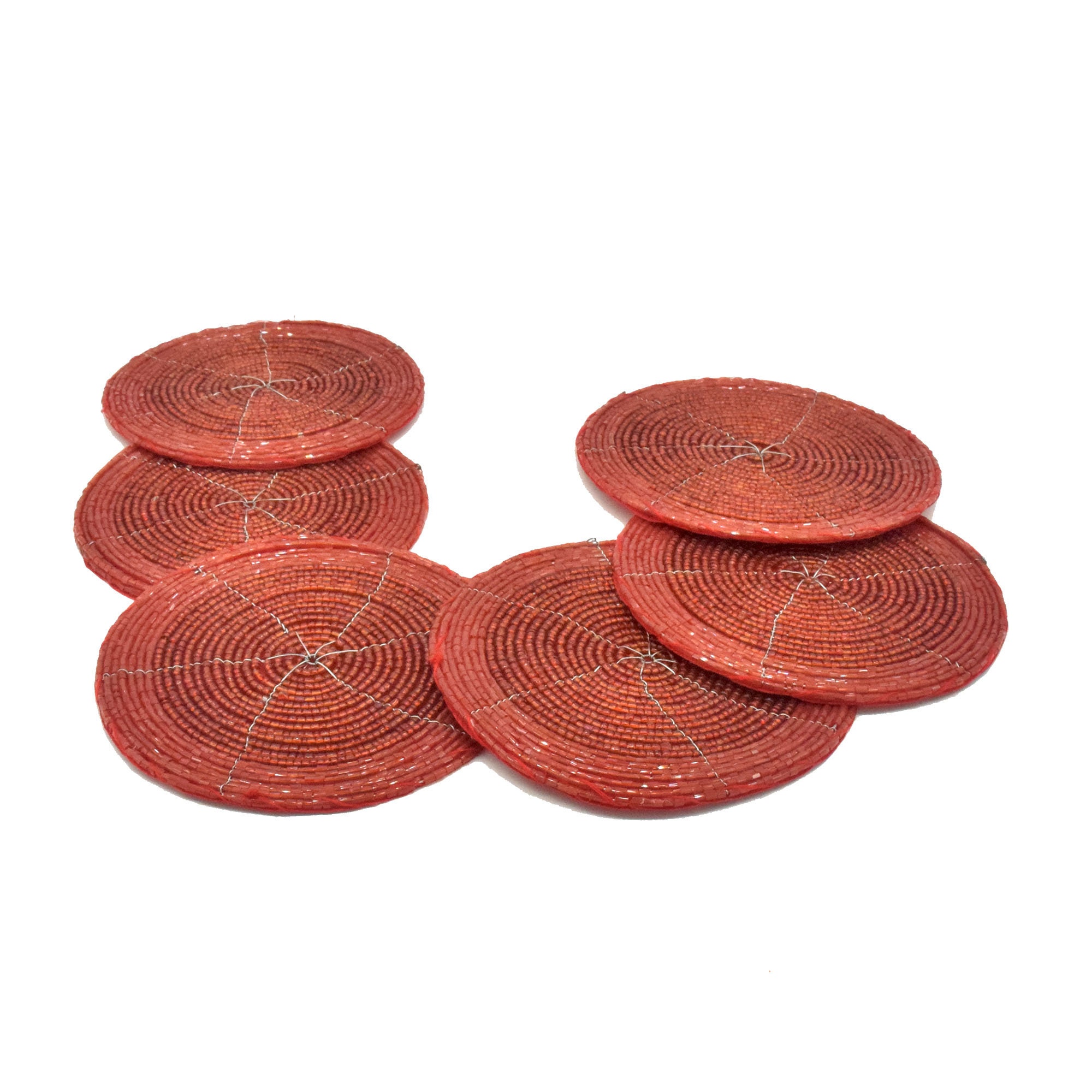 Red Coasters Set of 6 Handmade Beaded Coasters Decorative Etsy