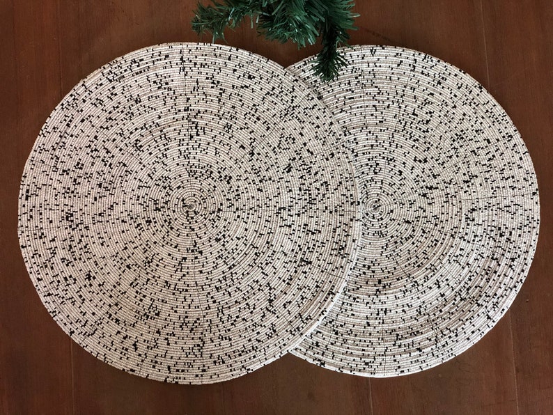 Master Piece Crafts White with Black Beads Placemats, Set of 4 Handmade Beaded Table Mats, Charger, Centre Piece, Decorative & Housewarming Gift,Size 14"