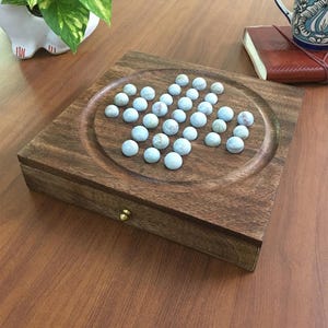 Wooden Handmade Solitaire Board with Marble Game Set, Winter Holiday Indoor Brain Game Set with 33 Glass Balls Pegs, Xmas Holiday Gift Set