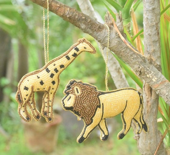 Handmade Beaded Lion & Giraffe Ornaments - Jungle Holiday Decor - Etsy