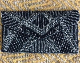 Handmade Beaded Clutch: Black Silk Evening Bag with Brass Chain