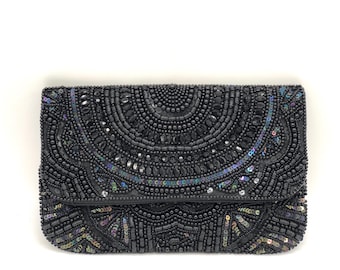 Black Beaded Sequin Evening Clutch: Handmade Party Bag/ Designer Purse with Silver Chain