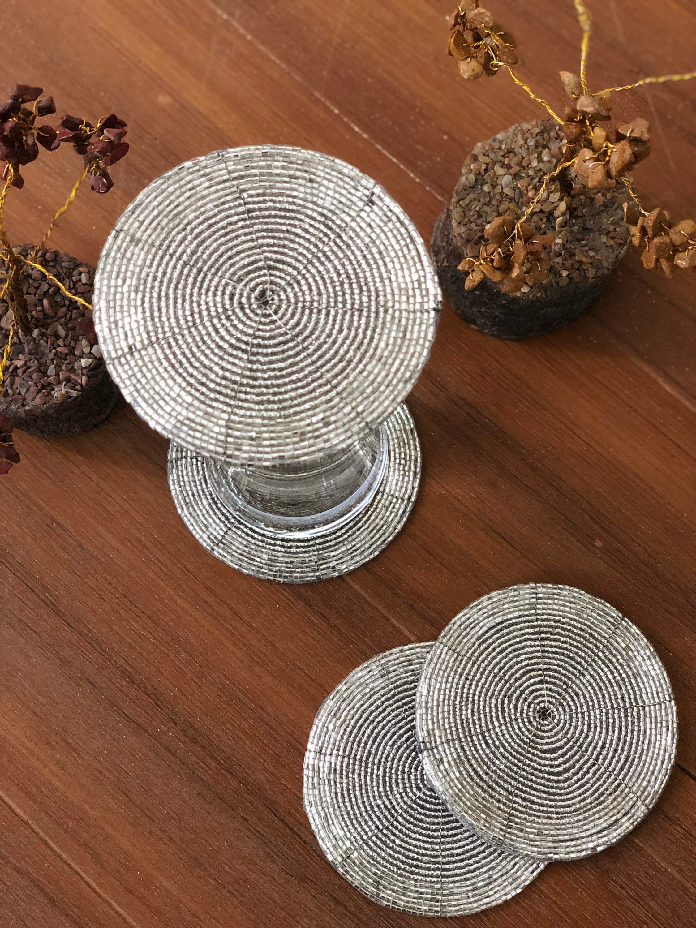 Silver Coasters Set of 6 Handmade Beaded Coasters Etsy