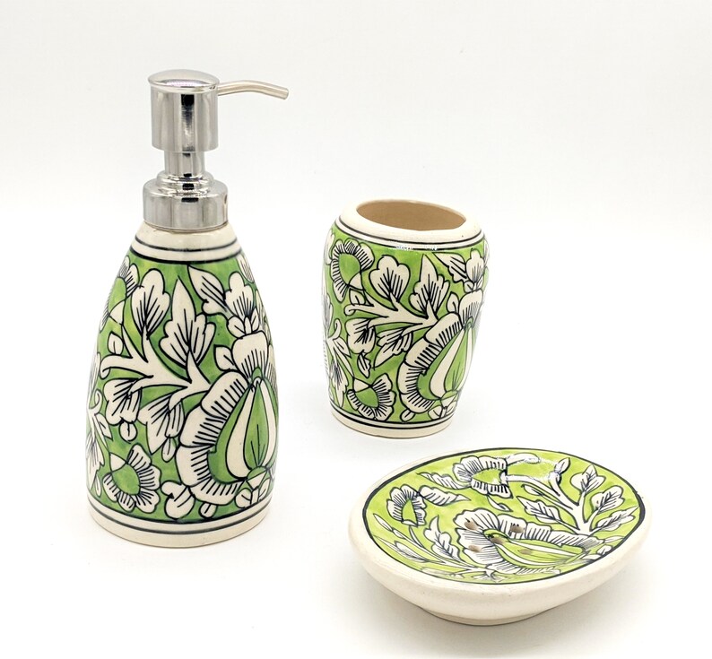 Master Piece Crafts Ceramic Toothbrush Holder, Soap Dispenser Pump and Soap Dish, Bathroom Set, Bathroom Accessory Set, Bathroom Accessory, Ready to Dispatch(Green)