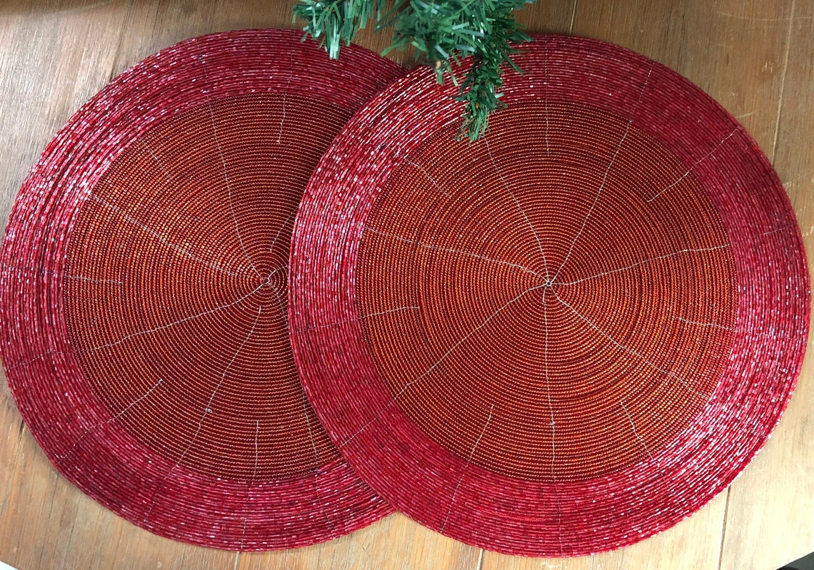 Red Table Mats Set of 4 Handmade Red Beaded Mats Beaded Etsy