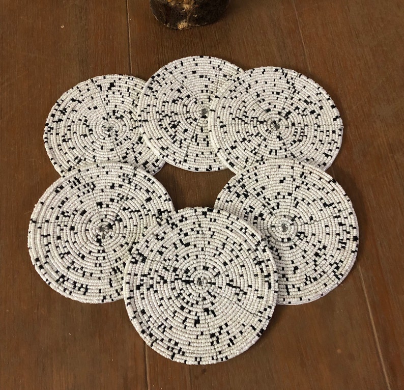 Master Piece Crafts White & Black Coasters, Set of 6, Handmade Beaded Coasters, Decorative Coasters, Gift for her, Housewarming present, ready to ship