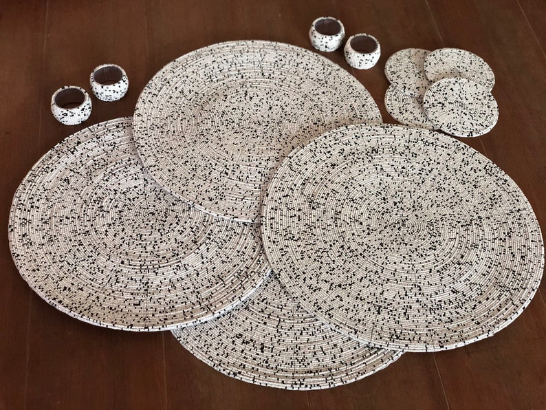 Master Piece Crafts Set of 4 White and Black Table Mats, Coasters and Napkin Ring, Table Decor, Centre Piece, Placemats, Decorative & Housewarming Gift