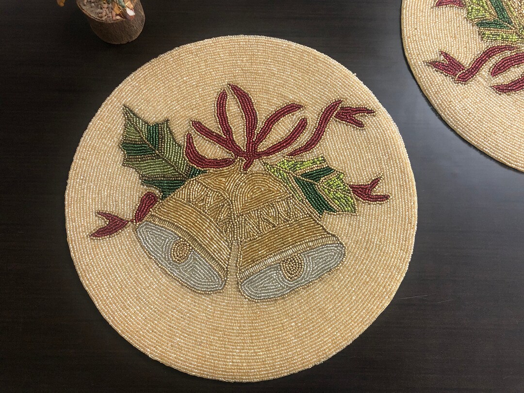 Gold Bell Christmas Beaded Placemats Handmade Beaded Charger Etsy