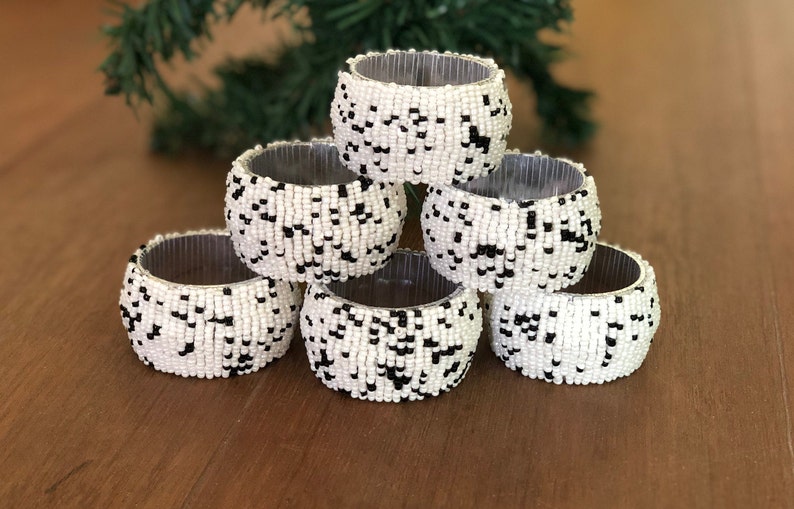 Master Piece Crafts White with Black Beaded Napkin Rings, Set of 6 Handmade Beaded Napkin Rings/ Holders, Decorative & Housewarming Gift