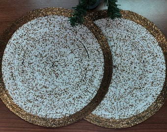 Handmade Beaded Placemats Halloween Harvest Autumn Fall Holiday Christmas Xmas Dining Festive Party Table Décor 14 inch Round - Gold White