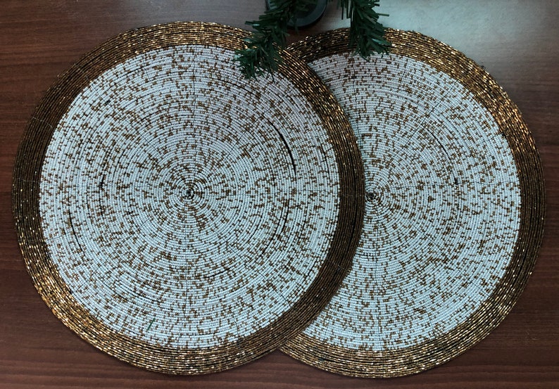 Master Piece Crafts Set of 4 Antique Gold and White Table Mats, Handmade Beaded Charger, Centre Piece, Placemats, Decorative & Housewarming Gift,Size 14"