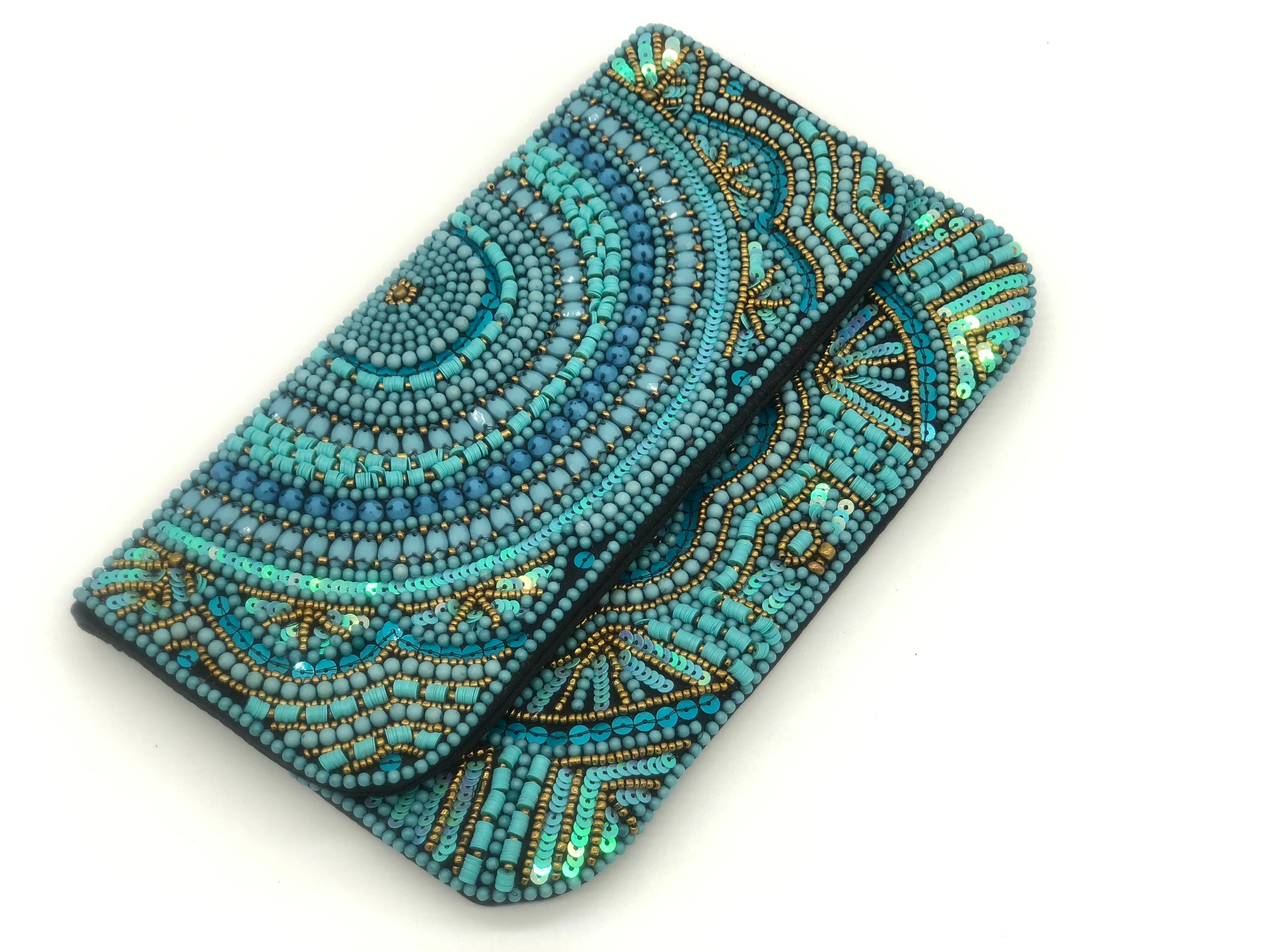 Turquoise Beaded and Sequined Silk Evening Clutch from India, 'Turquoise  Glamour