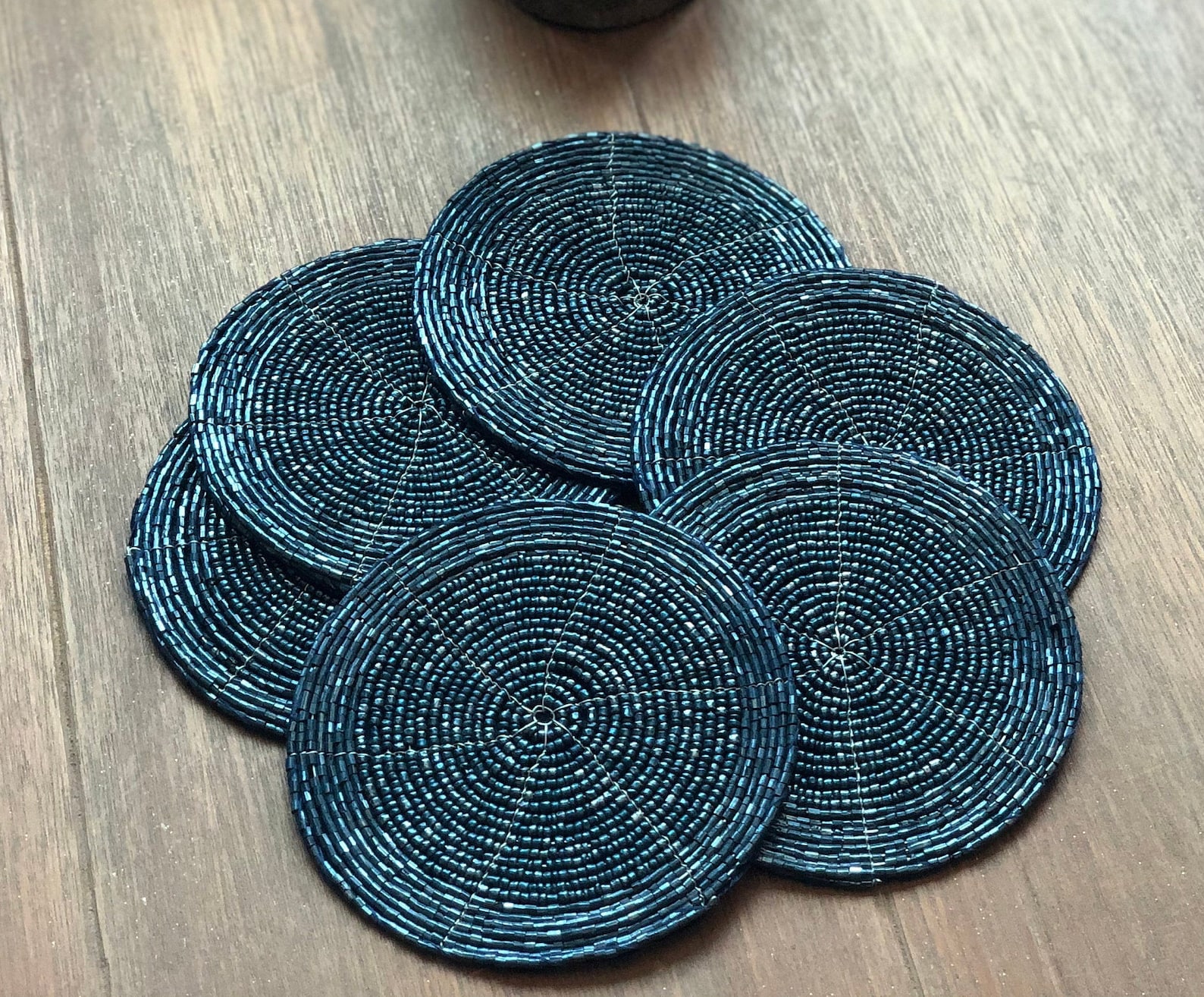 Navy Blue Coasters, Set of 6, Handmade Beaded Coasters, Decorative Cup