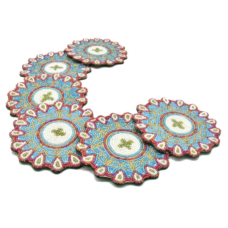 Set of 6 Floral Multi Colored Coasters Handmade Beaded Etsy