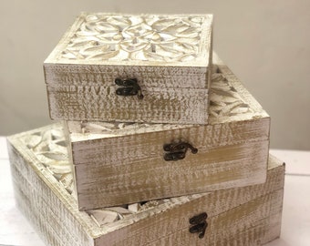 Handmade Hand Carved Wooden Set of 3 Box, Floral Motif White Golden Distressed Decorative Storage Box, Nesting Boxes, Gift Box, Keepsake Box