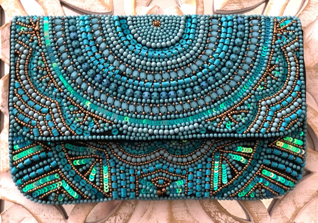 Turquoise Handmade Beaded Clutch Bag With Golden Chain Formal 