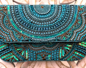 Turquoise Handmade Beaded Clutch Bag with Golden Chain, Formal Event Purse, Modern Clutch Bag, Wedding Party Bag, Evening Event Clutch Bag