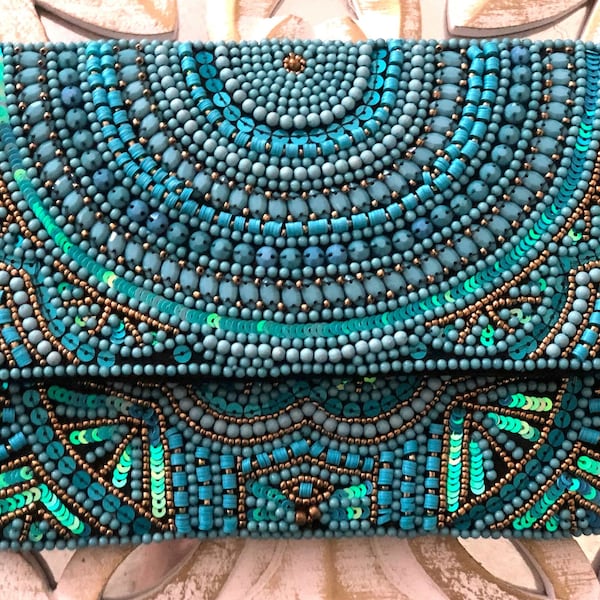 Turquoise Handmade Beaded Clutch Bag with Golden Chain, Formal Event Purse, Modern Clutch Bag, Wedding Party Bag, Evening Event Clutch Bag