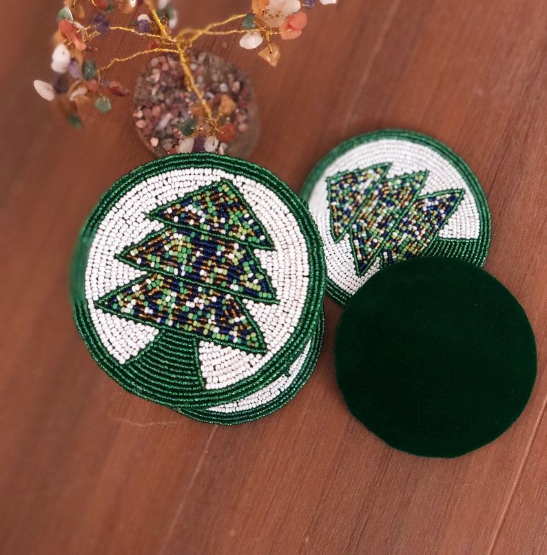 Master Piece Crafts 4" Set of 6 Green and White Tree Motif Beaded Coasters , Handmade Beaded Coasters, Decorative Coasters,Gift, Housewarming present