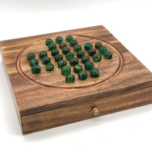 Wooden Handmade Solitaire Board with Marble Game Set, Winter Holiday Indoor Brain Game Set with 33 Glass Balls Pegs, New Year Day Gift Set