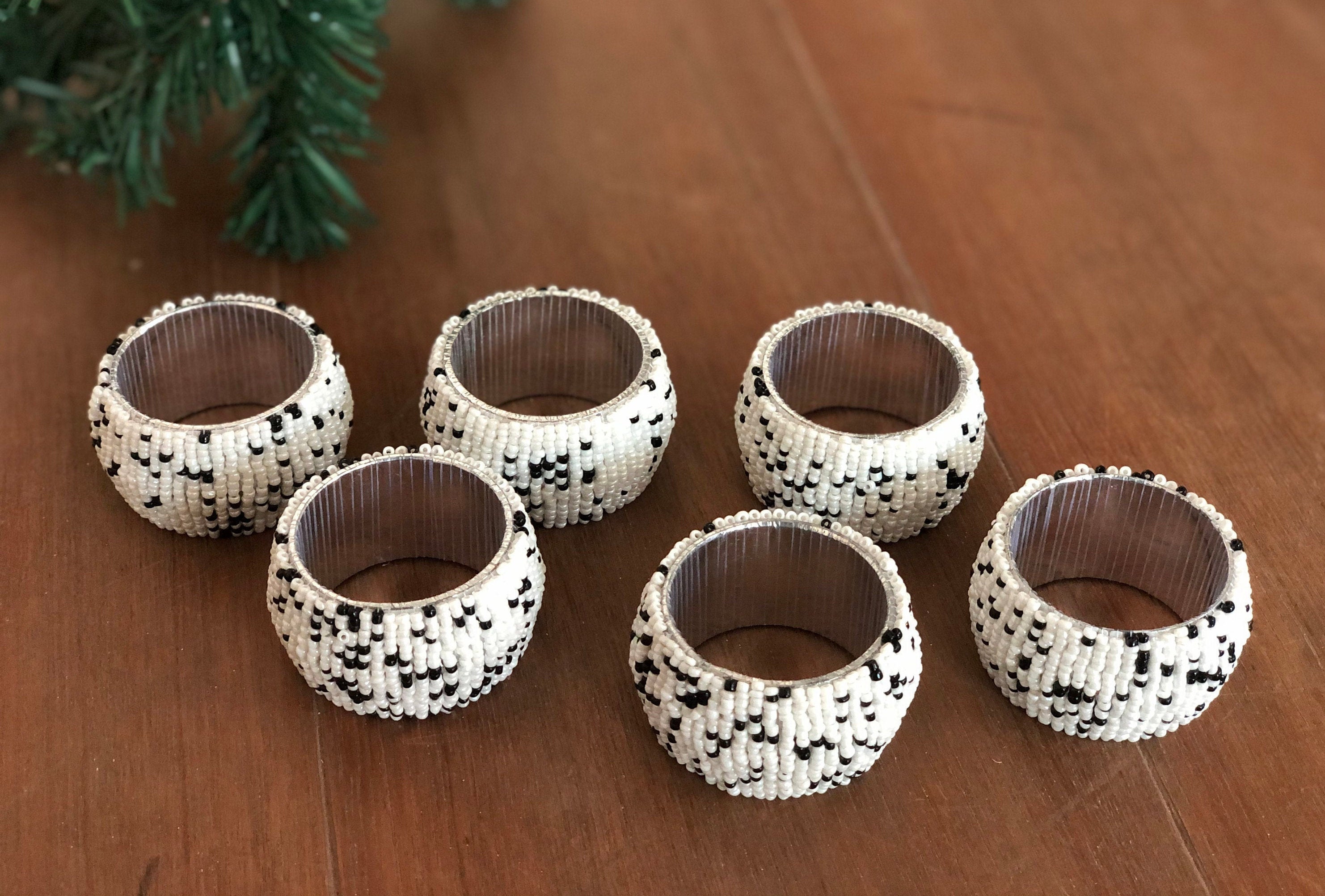 White with Black Beaded Napkin Rings Set of 6 Handmade Beaded Etsy