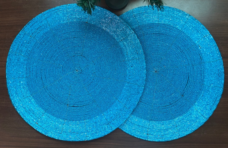 Master Piece Crafts Sky Blue Table Mats, Set of 4 Handmade Beaded Charger, Centre Piece, Placemats, Decorative & Housewarming Gift,Size 14"