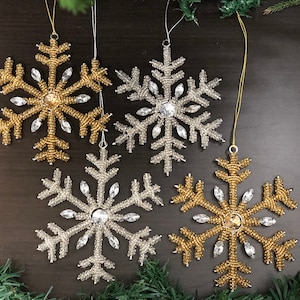 Crystal Snowflake Ornaments: Silver Gold Christmas Decor, Set of 4