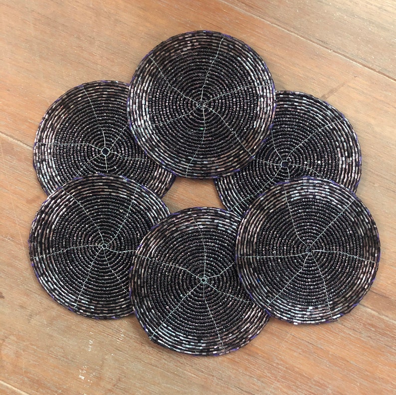 Master Piece Crafts Purple Coasters, Set of 6, Handmade Beaded Coasters, Decorative Coasters, Gift for her, Housewarming present, ready to ship, 4 inches
