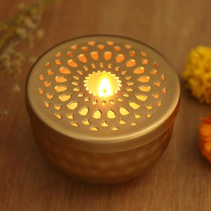 Gold Finish Tealight Candle and Holder with Jali Cutouts