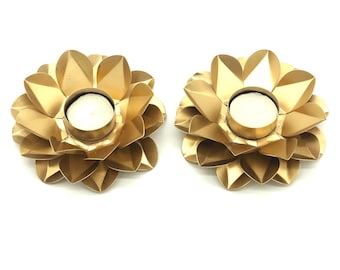 Floral Lotus Tealight Candle Holders - Gold Metal Set of 2