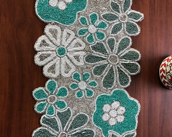 Handmade Beaded Table Runner: Floral Festive Dining Decor (13x36 Inches)