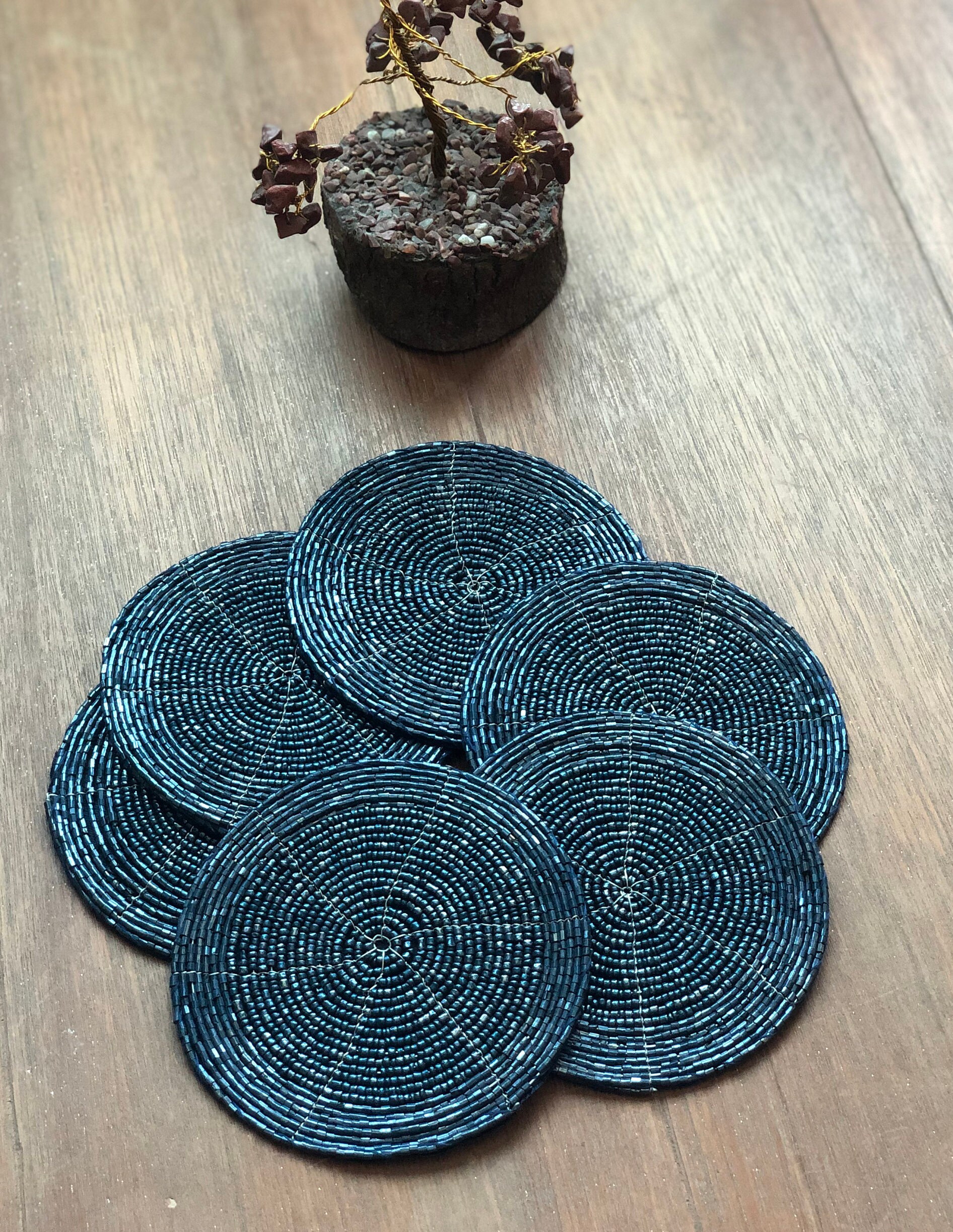 Navy Blue Coasters Set of 6 Handmade Beaded Coasters Etsy