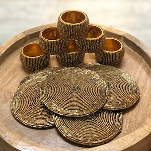 Antique Gold Beaded Napkin Rings and Coasters, Set of 6/8/10/12, Napkin Rings and Coasters Set, Housewarming Gift, Table Decor, Gift Set