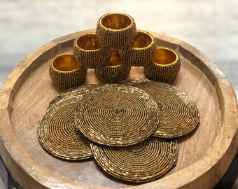 Antique Gold Beaded Napkin Rings and Coasters, Set of 6/8/10/12, Napkin Rings and Coasters Set, Housewarming Gift, Table Decor, Gift Set