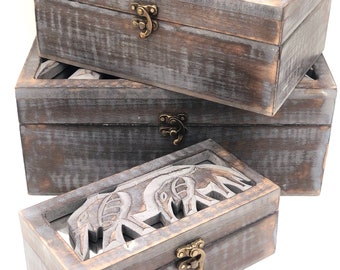 Hand Carved Mango Wood Elephant Nesting Boxes: Set of 3 Decorative Storage