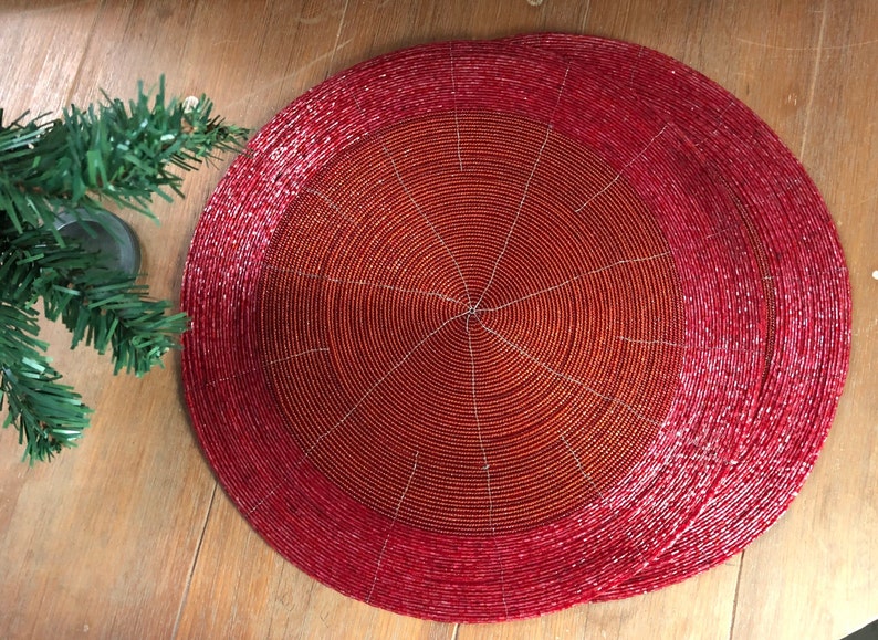 Red Table Mats Set of 4 Handmade Red Beaded Mats Beaded Etsy