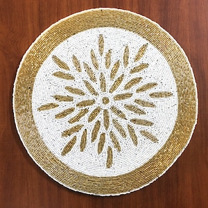 Handmade Beaded Placemat: Gold & White Floral Charger Plate (14&quot;)