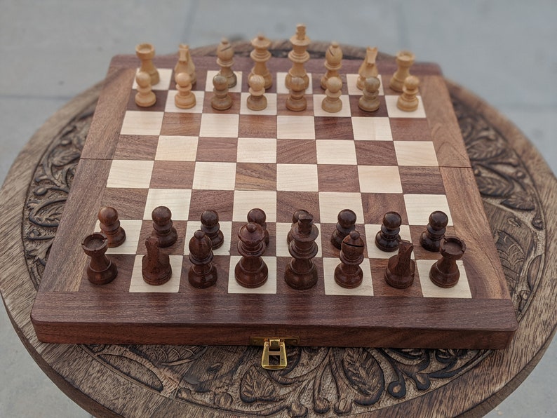 Wooden Handmade Non Magnetic Chess Set, Folding Travel Chess 12